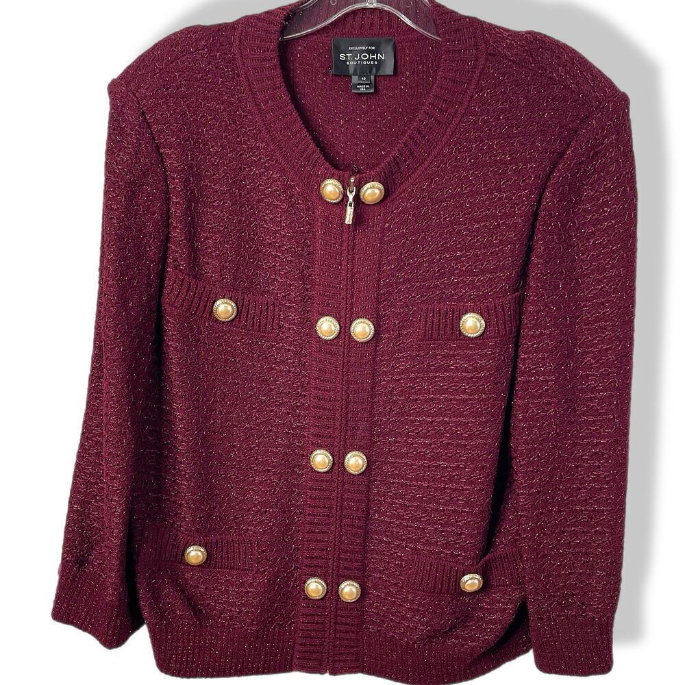 St. John knit jacket burgundy metallic sparkle pearl buttons zip 12